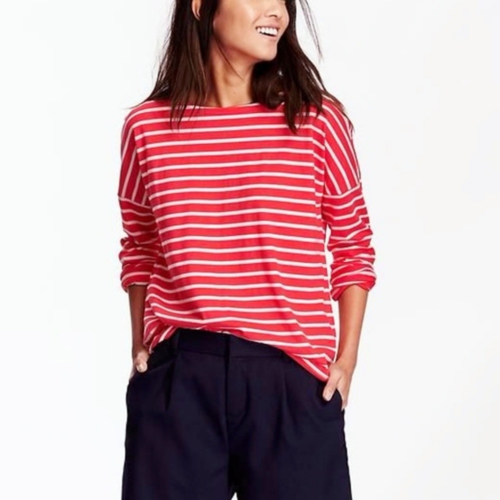 ✨EUC✨Red & White Striped Boat Neck Long Sleeve Tee